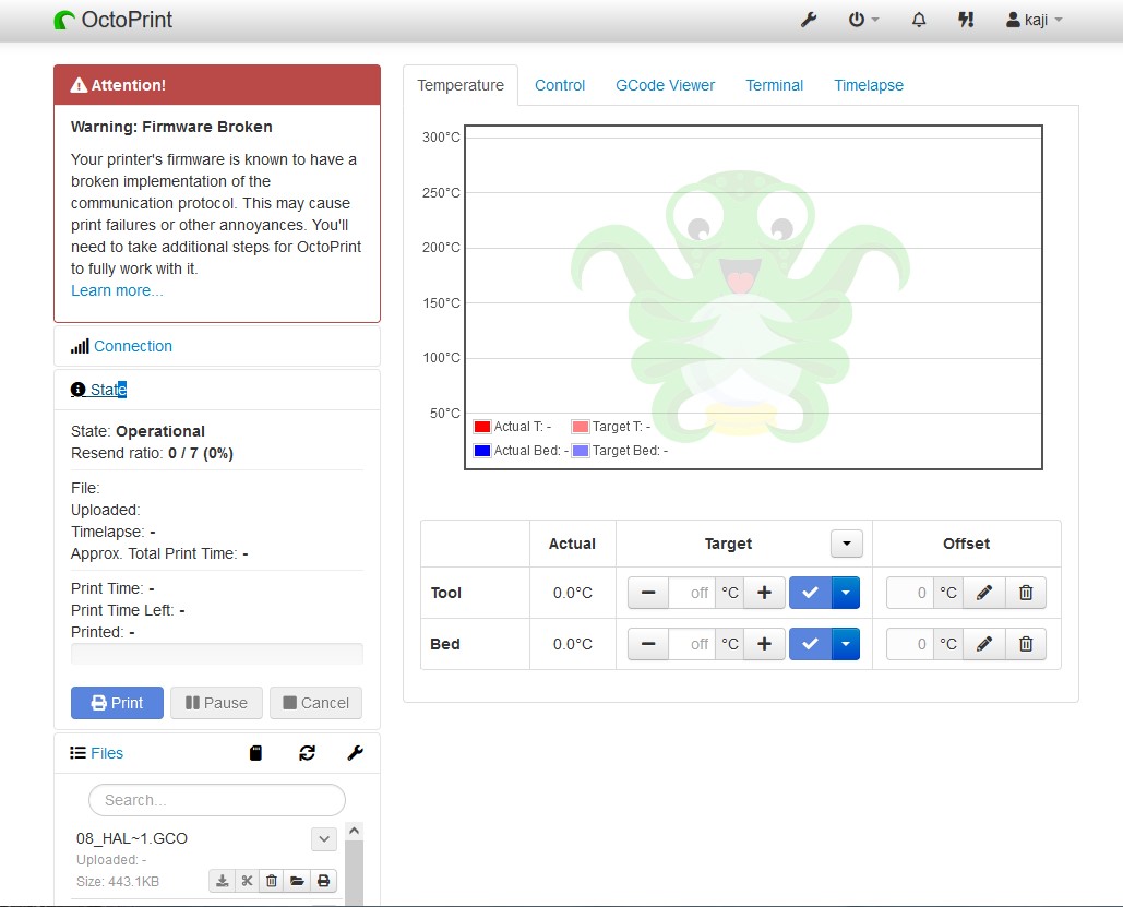 octoPi install…これはいい感じですSDカード経由から解放されました